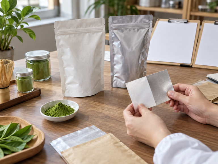 Matcha change review with separate powder and packaging samples