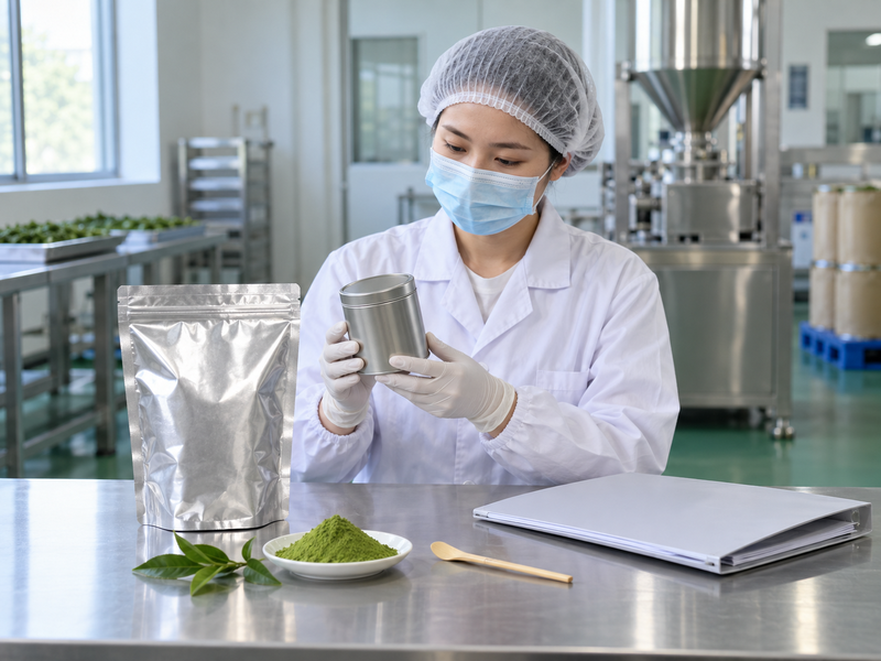 Approved matcha sample beside unmarked product documents