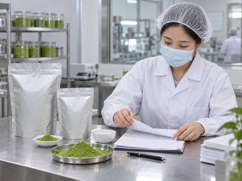 Buyer comparing a proposed matcha packaging configuration