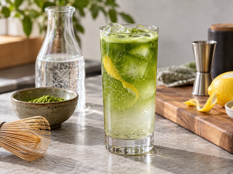 A sparkling matcha tonic in a highball glass with natural bubbles and citrus peel