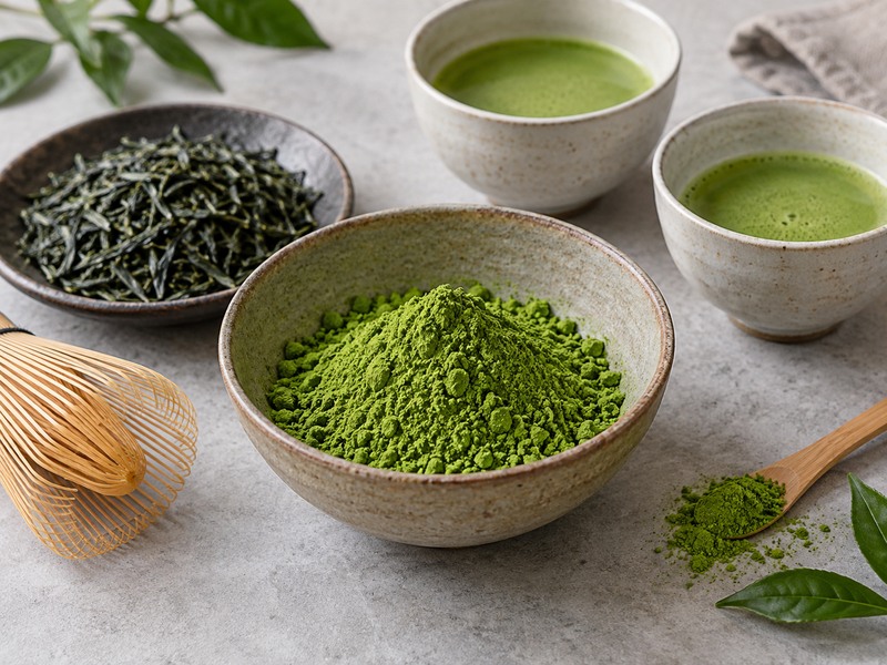 Kagoshima matcha powder and prepared tea in ceramic bowls