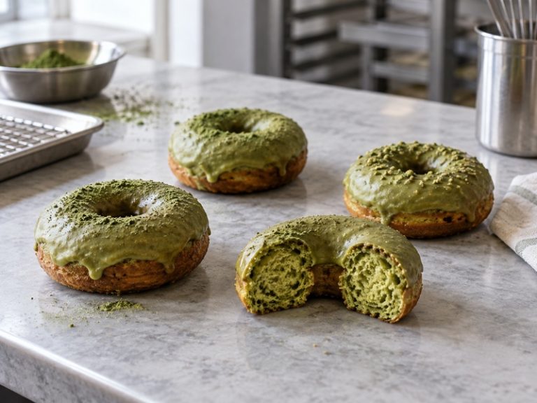 Cut matcha donuts showing a naturally green crumb and thin glaze