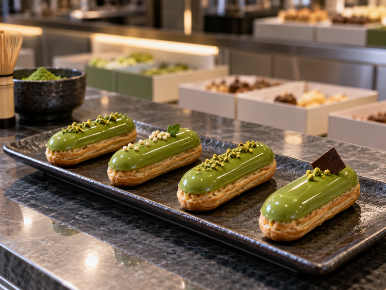 matcha eclairs prepared for professional cafe or bakery service