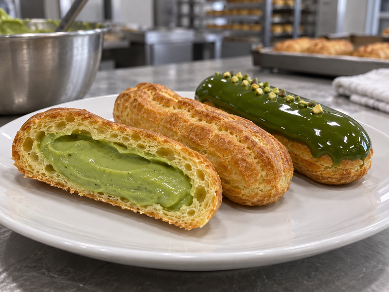 Matcha eclairs with green pastry cream visible in a clean cut shell