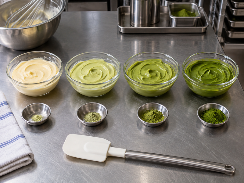 Four small pastry cream trial bowls from plain cream to deeper green matcha cream