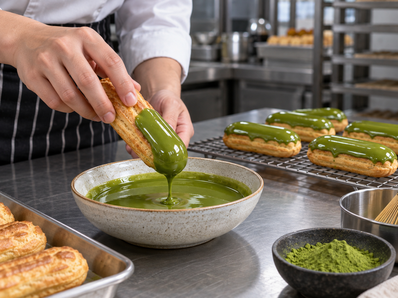 Baker dipping a choux eclair into a shallow bowl of smooth green glaze