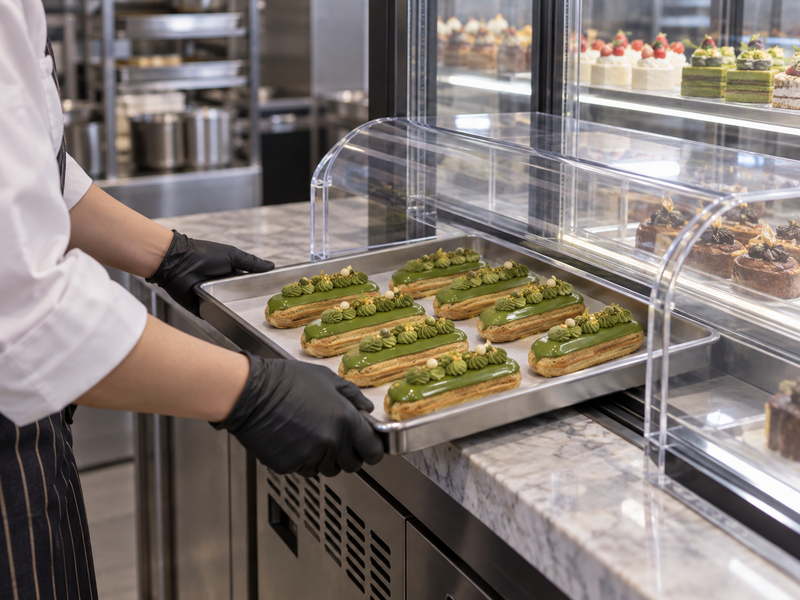 Filled matcha eclairs arranged on a covered bakery tray for chilled service