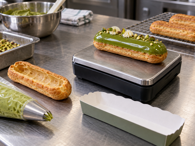 A finished matcha eclair on a scale beside piping tools and packaging inserts