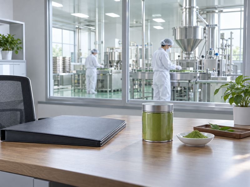 Restricted document review beside a sealed matcha sample
