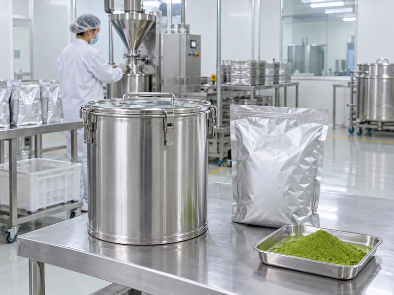 Covered matcha container prepared for a controlled transfer
