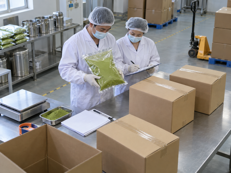 Sealed cartons and matcha bags prepared for dispatch comparison