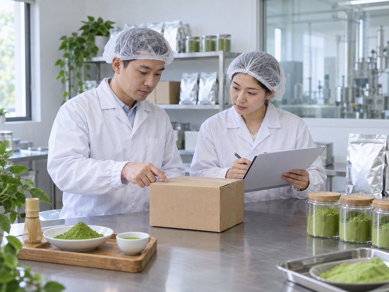Quality staff reviewing a sealed matcha consignment record
