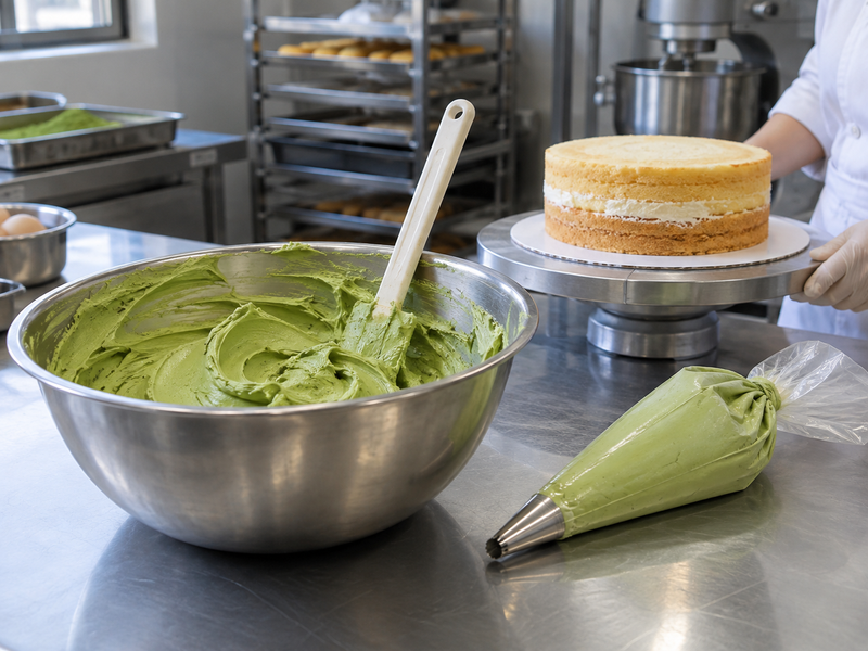 A bowl of matcha frosting and piping bag in a bakery