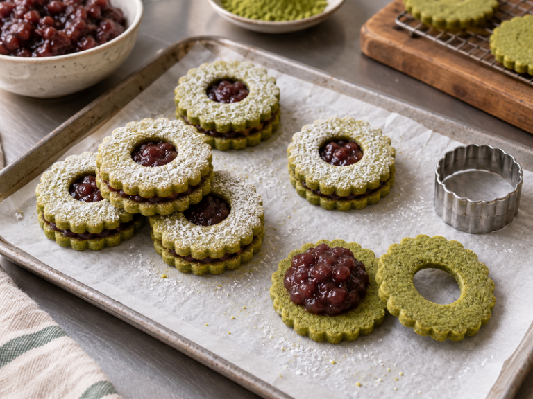 Finished matcha linzer cookies with clean green ganache windows