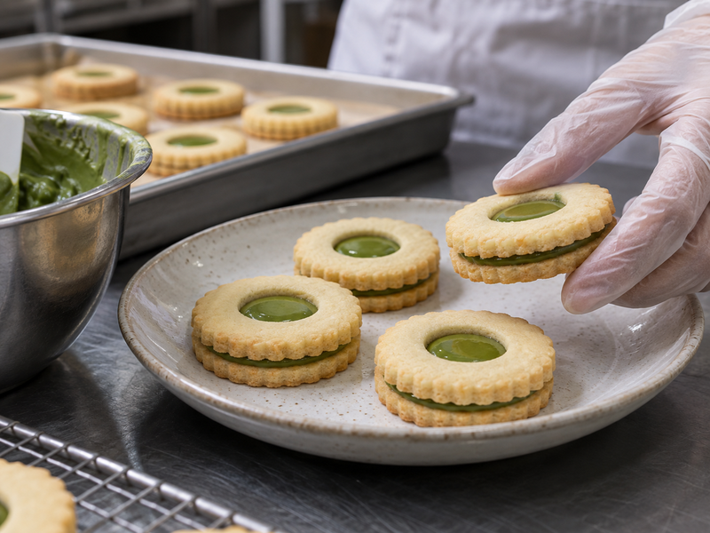 Matcha linzer cookies with green filling visible through round windows