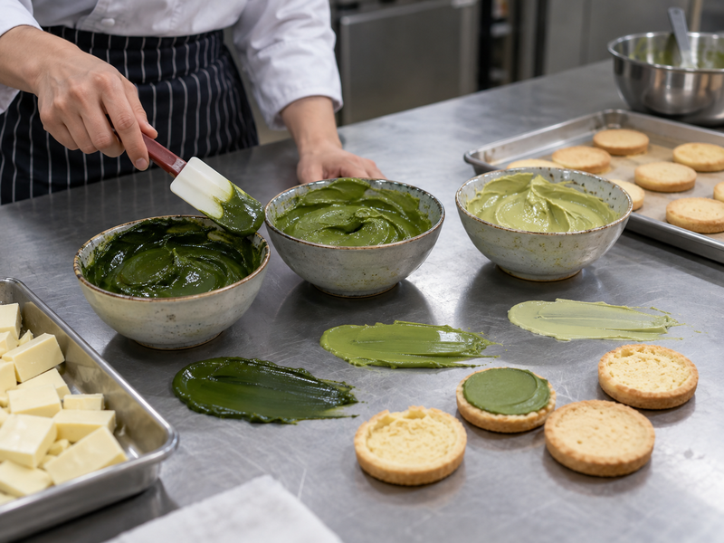 Matcha ganache trial samples paired with plain linzer biscuits