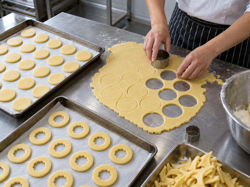 Solid linzer bottoms and windowed tops arranged on separate trays