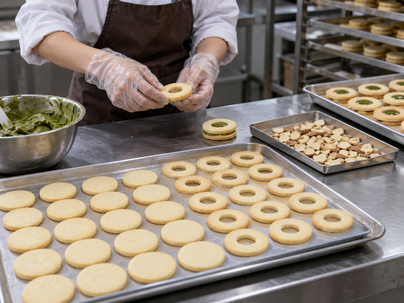 Linzer biscuit halves and chipped tops separated for assembly yield checks