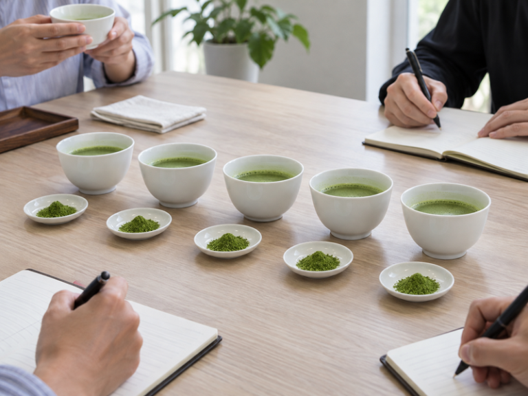 Blind matcha tasting setup with identical cups