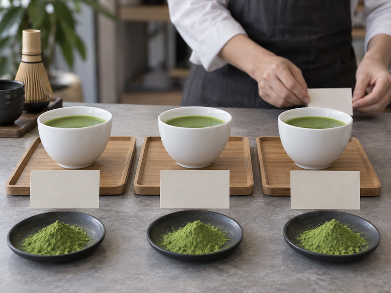 Coded cups prepared for matcha sensory evaluation