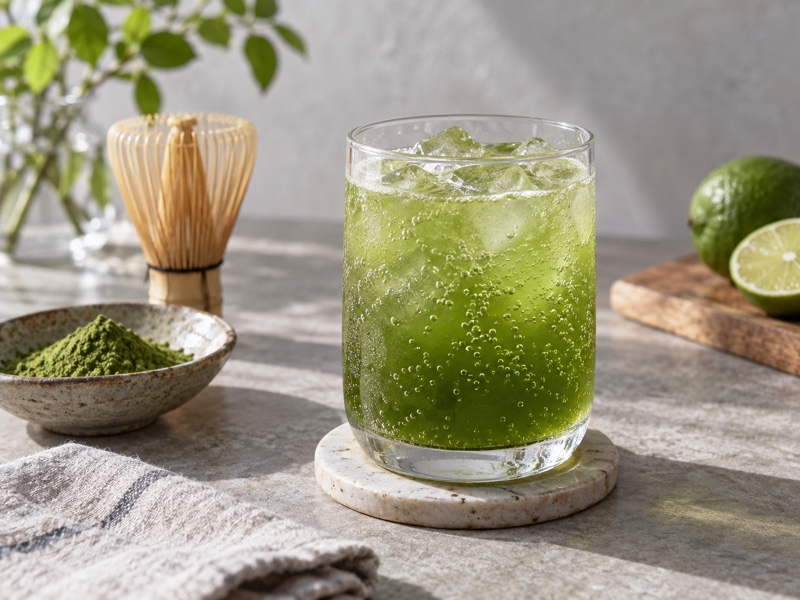 A clear chilled matcha soda with visible bubbles on a beverage development table