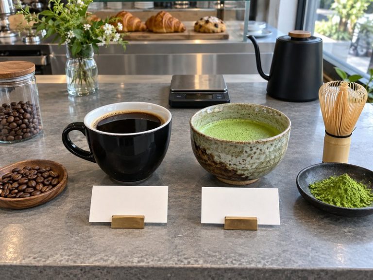 Matcha vs coffee tasting with one green tea bowl and one black coffee cup
