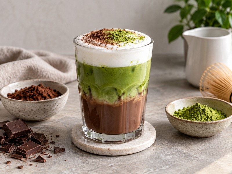 Chocolate matcha latte in a clear glass