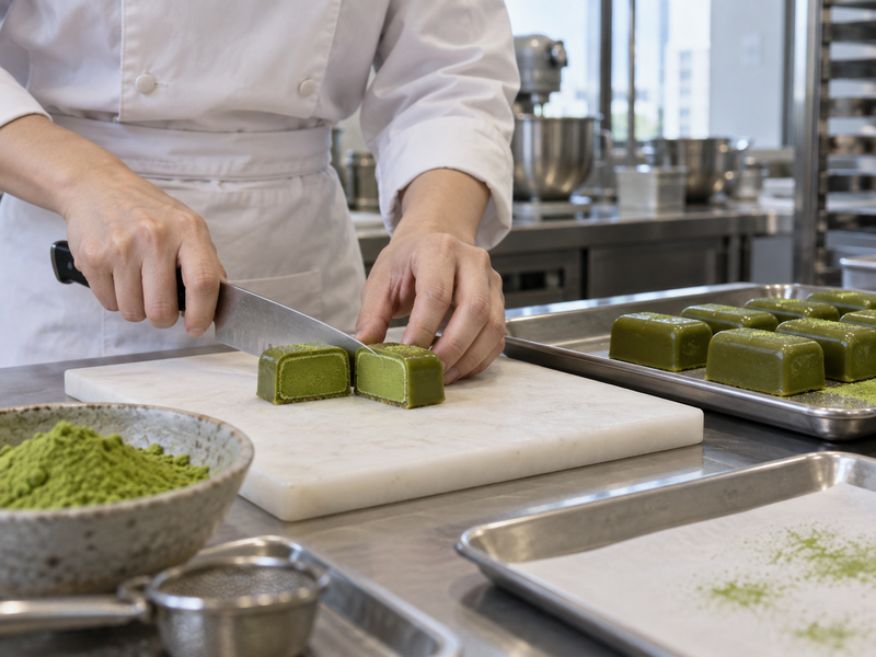 Defined cut surfaces of a matcha confectionery sample