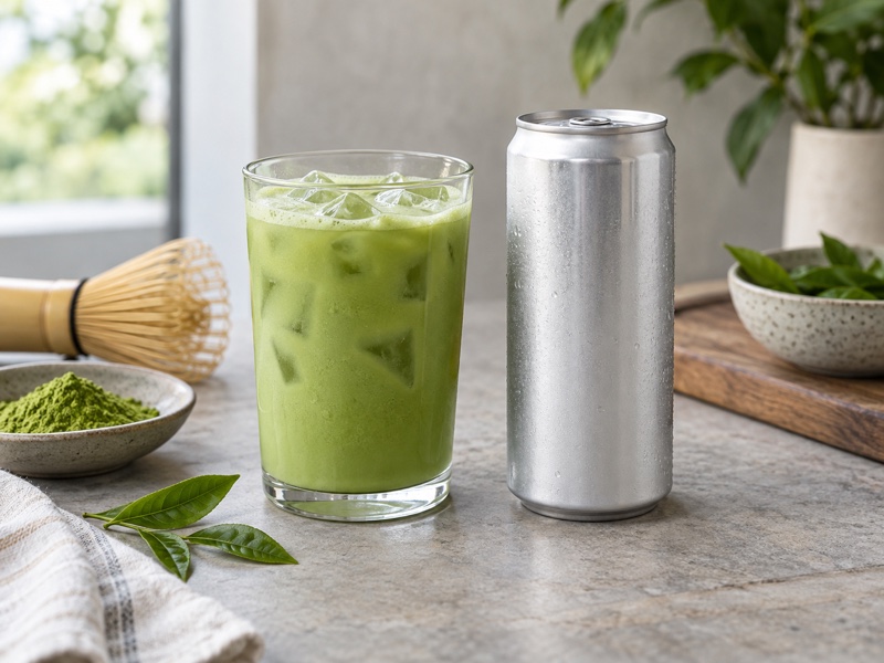 An unbranded chilled canned matcha energy drink poured into a glass at a product lab