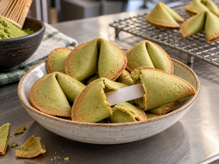 Crisp matcha fortune cookies prepared for individual service