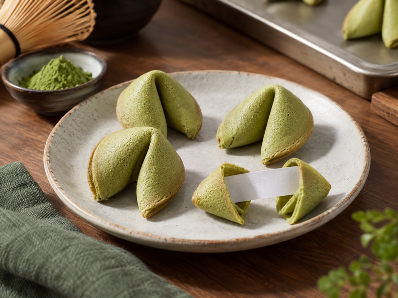 Matcha fortune cookies with one shell opened to inspect its insert