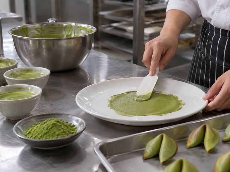 Thin matcha batter smear checked for dry powder specks