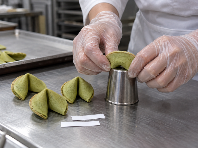 A warm green fortune cookie shell being folded at a compact workstation