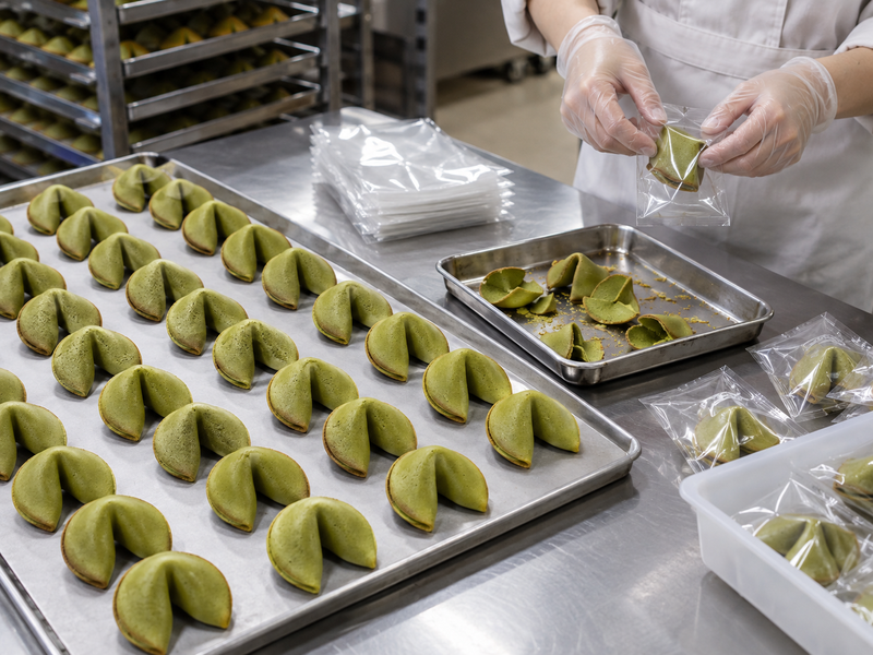 Intact fortune cookies and split shells separated for production yield checks