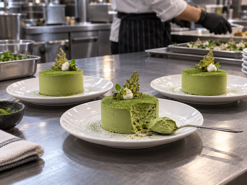 Individual matcha semifreddo portions with smooth green sides on chilled plates