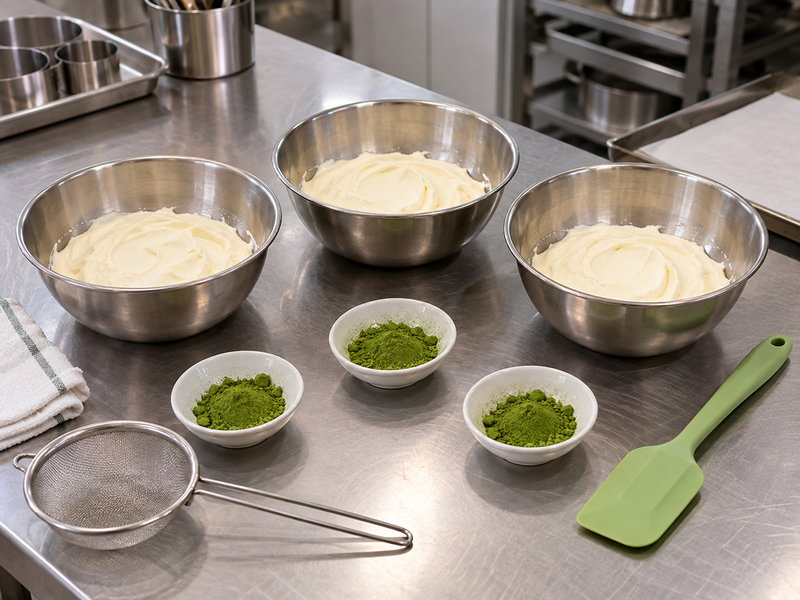 Small bowls of sifted matcha beside equal semifreddo base portions for a dose trial