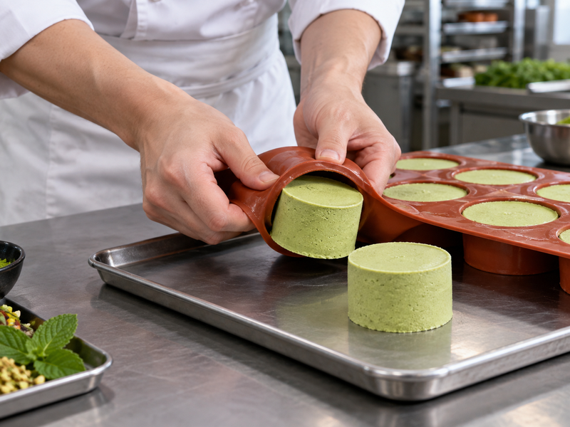 Hands releasing a small green semifreddo from a flexible mold onto a tray