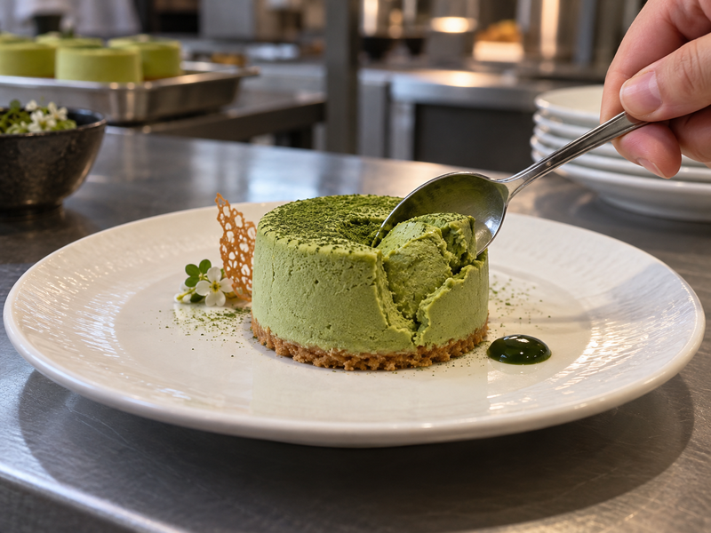 A plated matcha semifreddo being tested with a dessert spoon at a restaurant pass
