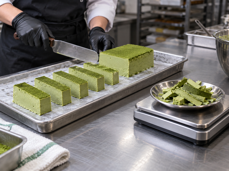 Neatly cut matcha semifreddo slices beside weighed trim and a serving palette
