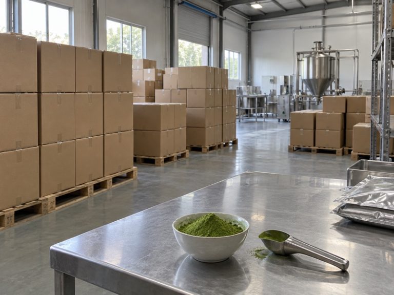 Sealed matcha inventory and a sampling station in a clean tea powder warehouse