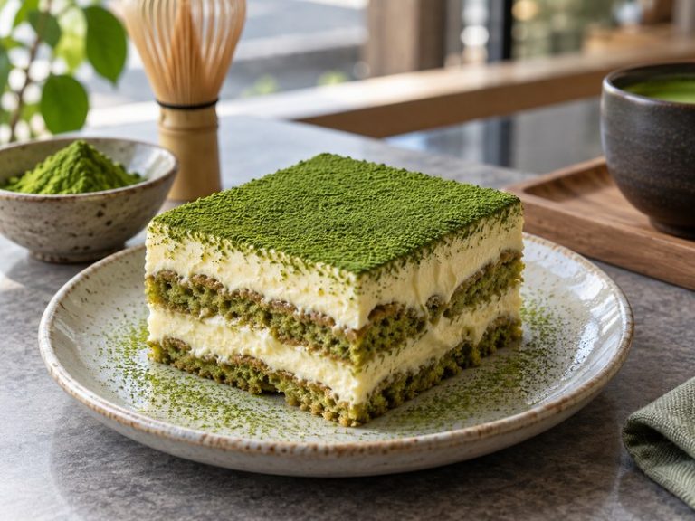 Sliced matcha tiramisu with green tea layers and cream