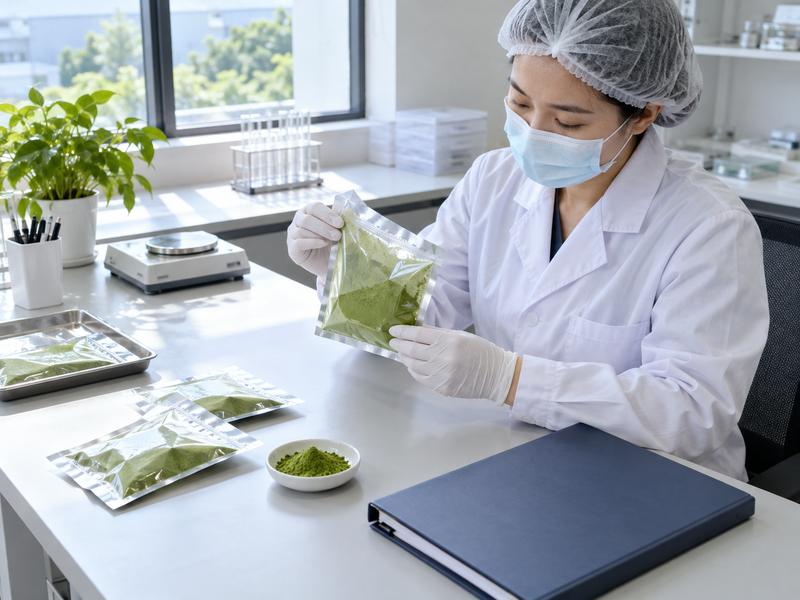 Sealed matcha powder and a plain document folder