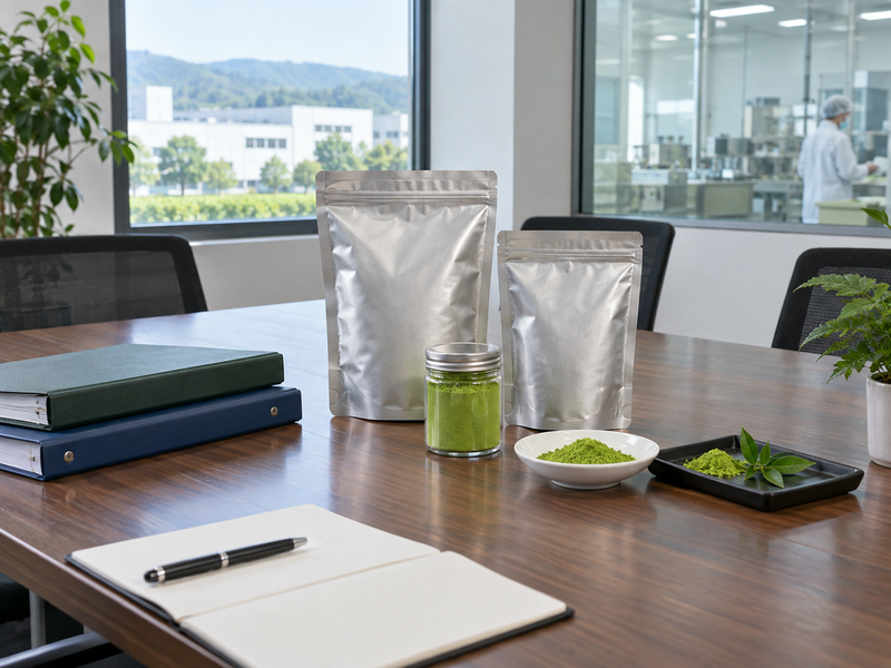 Updated matcha packaging samples arranged for quality review