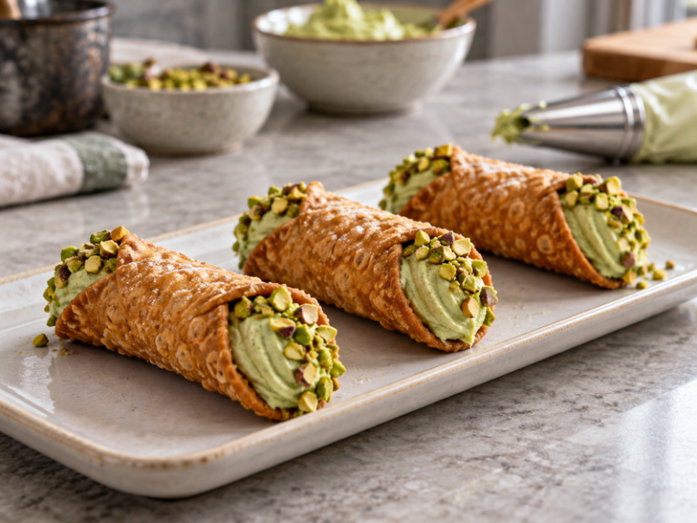 Golden cannoli filled with matcha ricotta for cafe dessert service