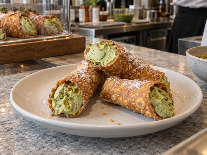 Matcha cannoli with a cut center showing an even green ricotta filling