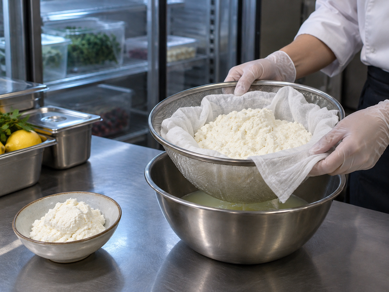 Ricotta prepared in a controlled draining setup before tea is mixed in