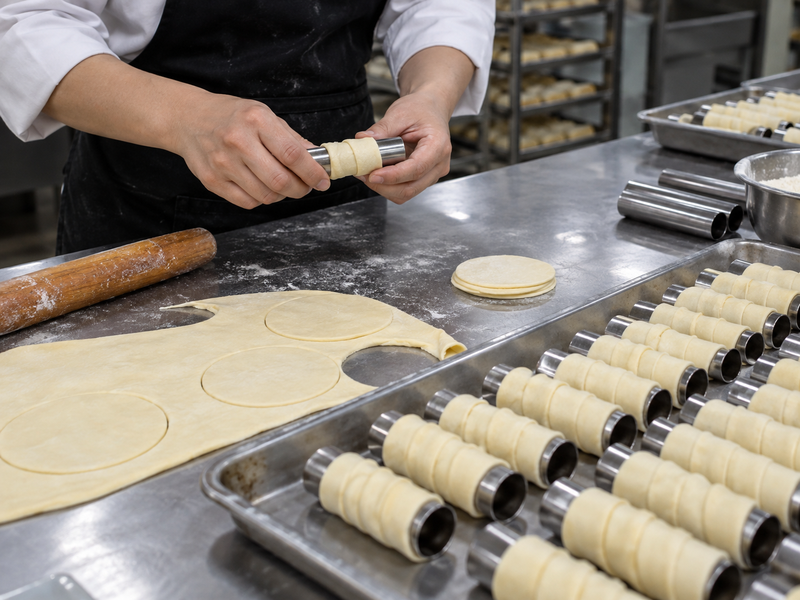 Cannoli dough wrapped around metal tubes before frying