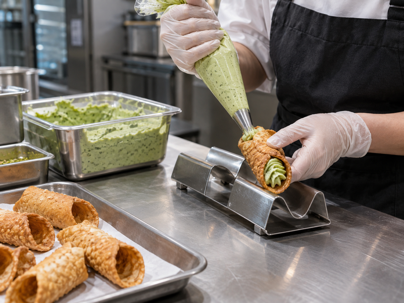 A cannolo filled to order at a cafe assembly station