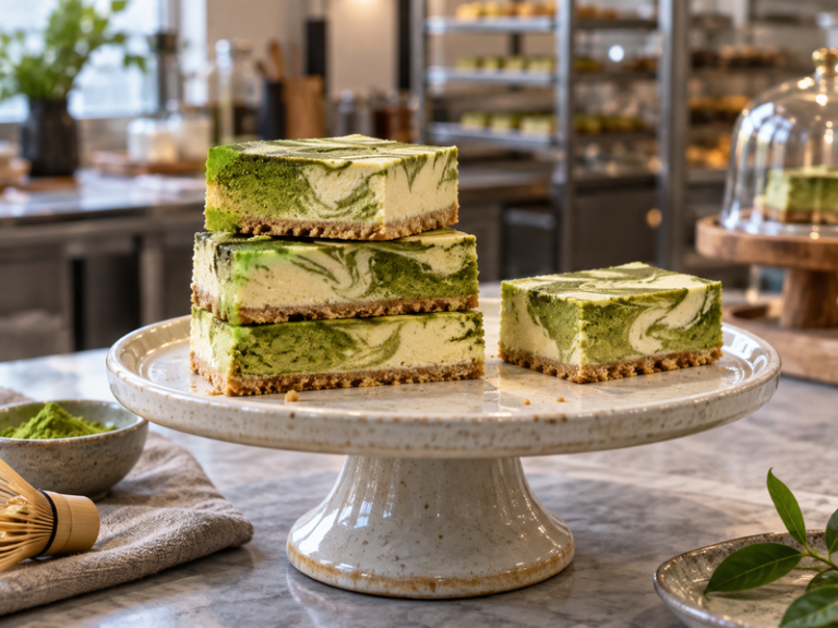 matcha cheesecake bars prepared for professional cafe or bakery service
