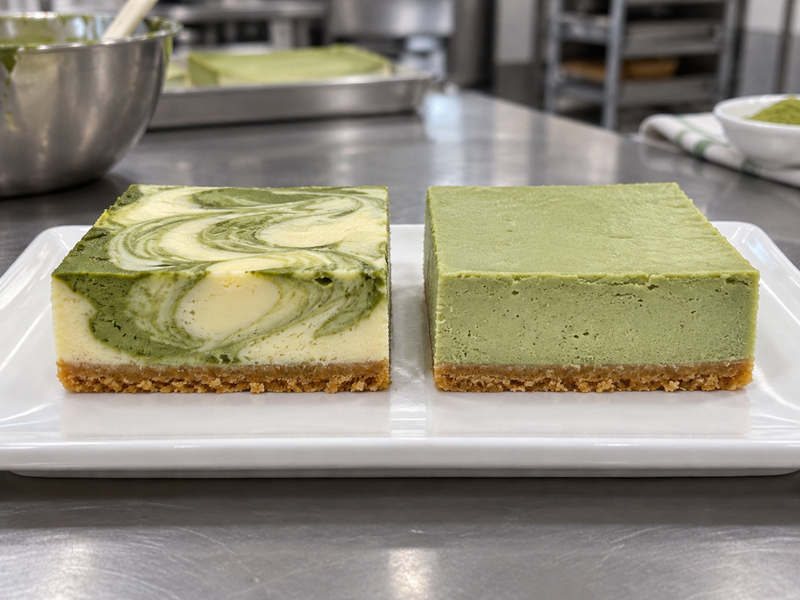 Matcha cheesecake bars showing both swirled and fully green filling styles